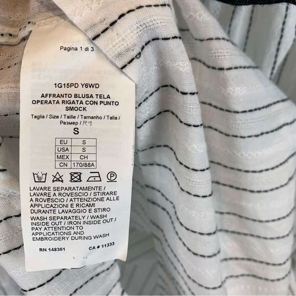 PINKO Boho Ruffled Off-Shoulder Striped Black White Cotton Smocked Top sz S - Picture 7 of 8